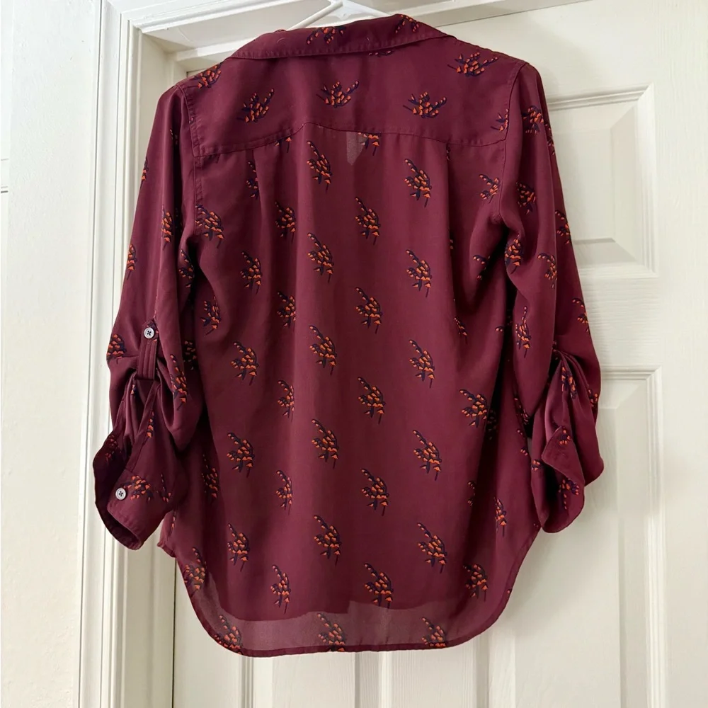 NWT LOFT Maroon & Orange Floral Button-Down Shirt - XS - Picture 7 of 8